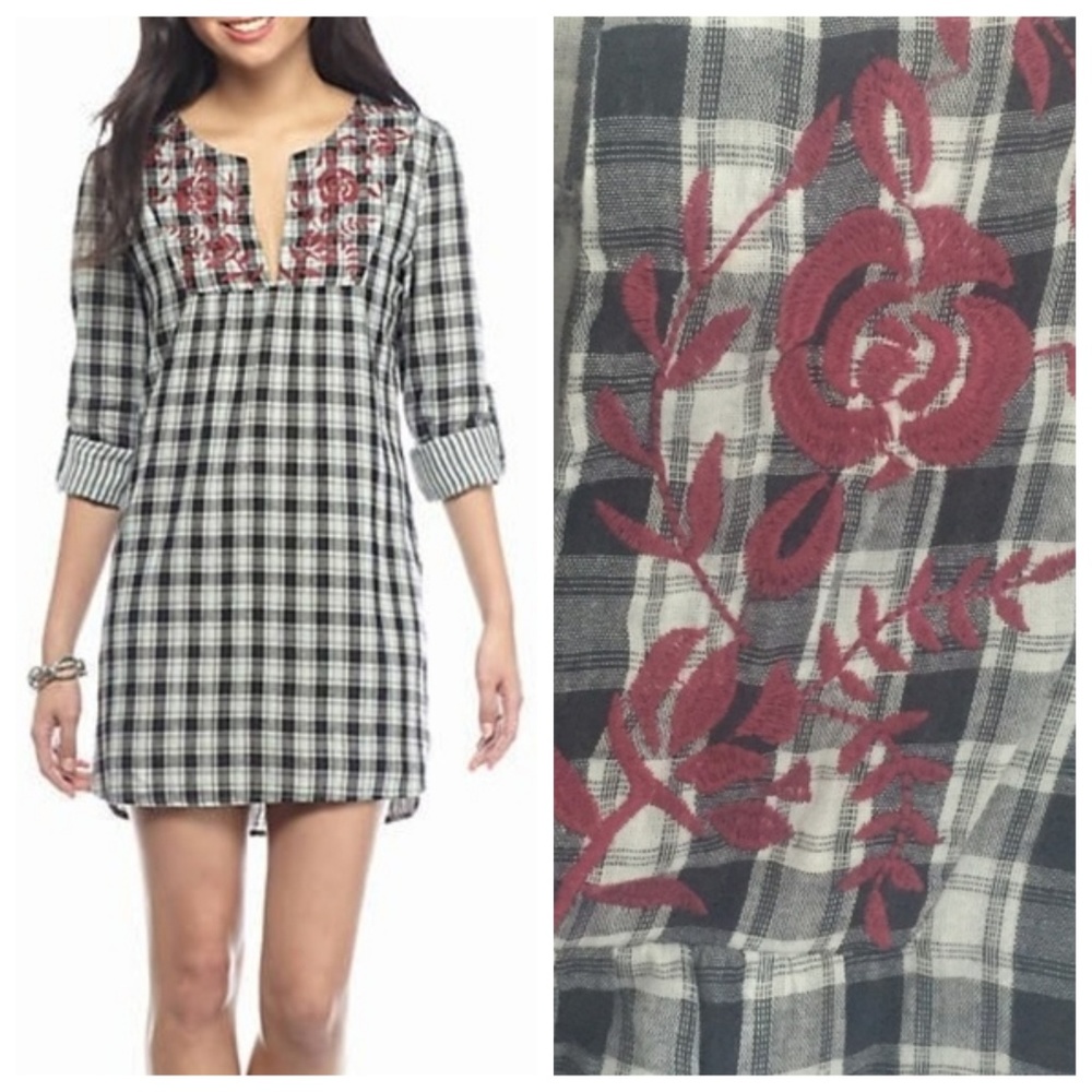 Buffalo Check Black Gray Plaid Tunic Shirtdress Floral Embroidery Sz S
